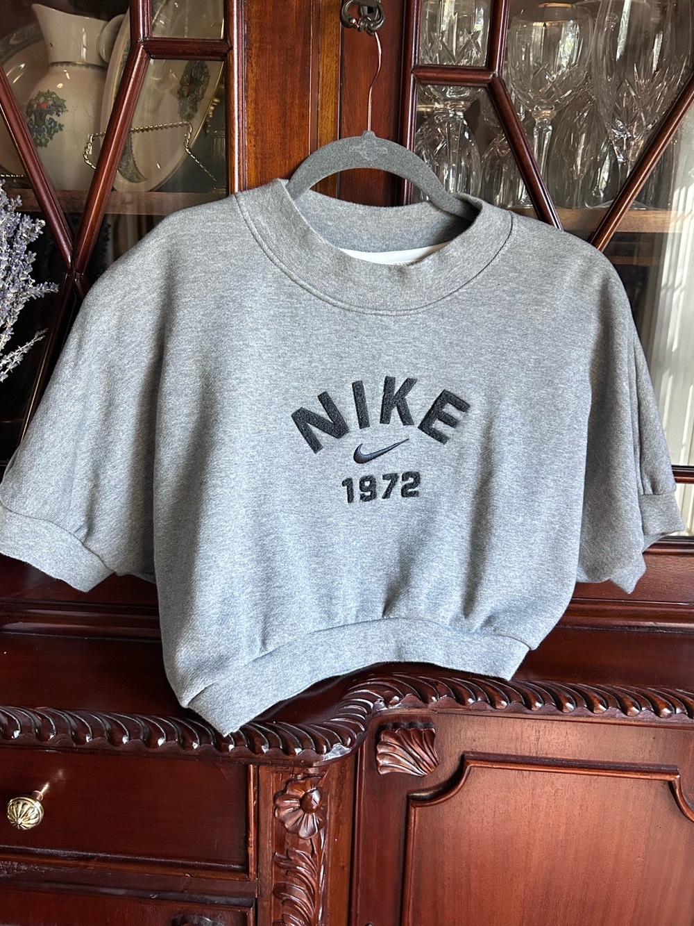 Nike Cropped Short Sleeve French Terry Sweatshirt Top Nike 1972 Gray